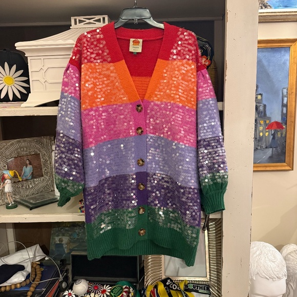 Farm Rio Small S rainbow striped sequin cardigan - Picture 7 of 9